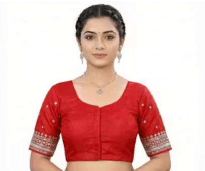 Red Silk Blend Embroidered Sweetheart Neck Elbow Sleeve Back Tie-Up Blouse for Women