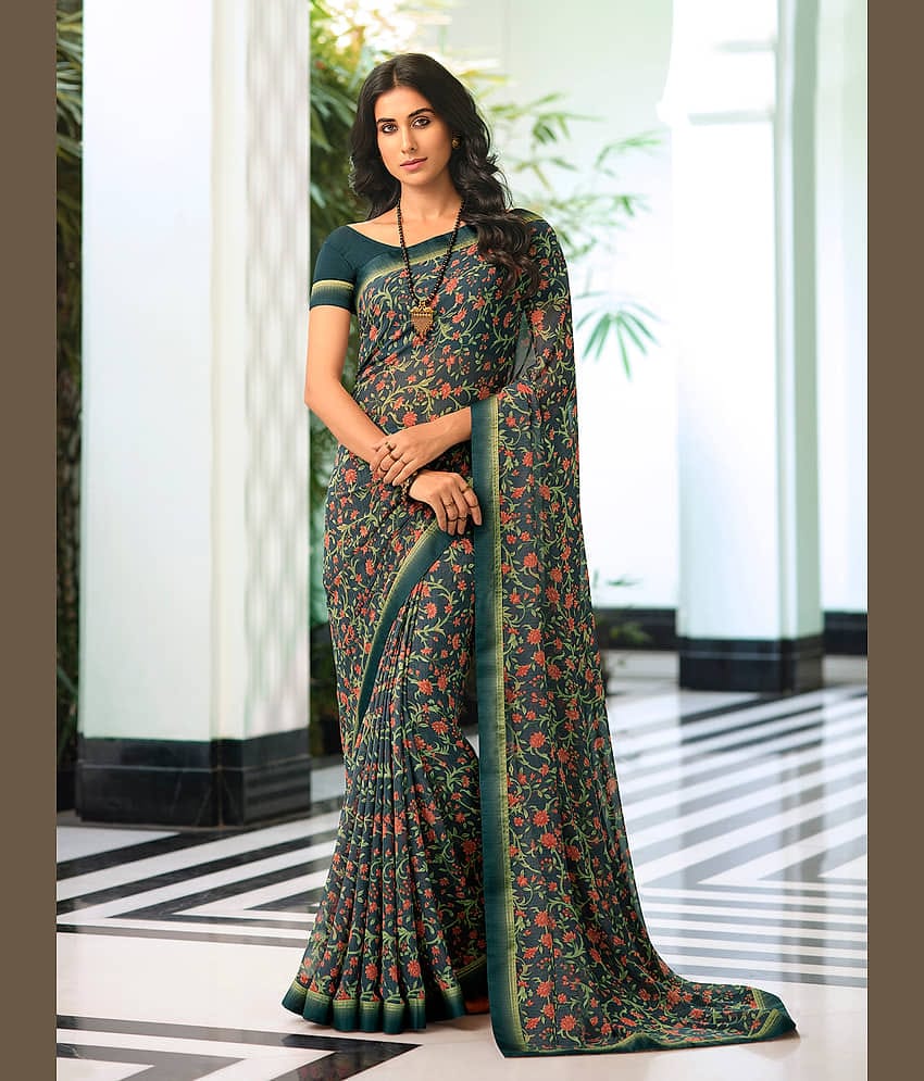 BLEESBURY Georgette Printed Saree With Unstitched Blouse Piece ( Coffee )