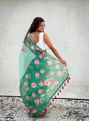 DARSHANS Women's Linen Printed Saree With Unstitched Blouse 5.5Mtr (Green)-PID65200