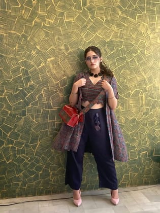 Blue handblock co-ord set in an organic woven textile