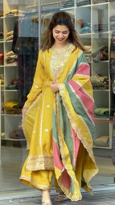 Beautiful Party Wear Look Heavy Faux Georgette Top Plazzo & Multi Color Dupatta Set Beautiful Party Wear Look Heavy Faux Georgette Top Plazzo & Multi Color Dupatta Set