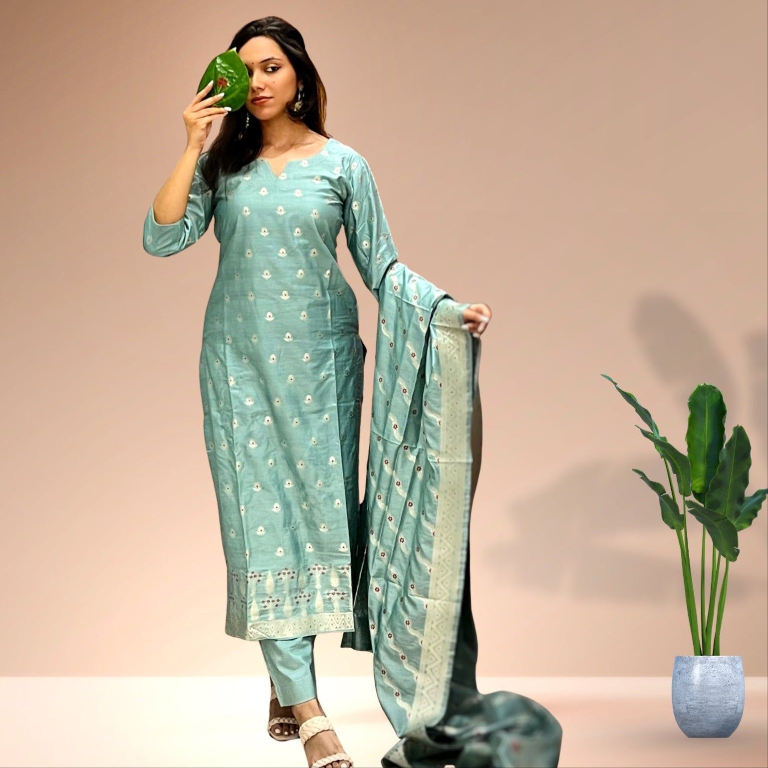 ๐ฟ Sea Green Banarasi Kurta Set with Dupatta for Women