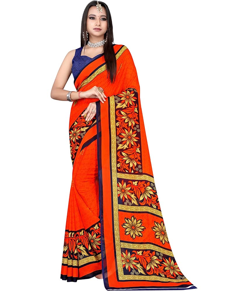 LEELAVATI Georgette Printed Saree With Unstitched Blouse Piece ( Orange )