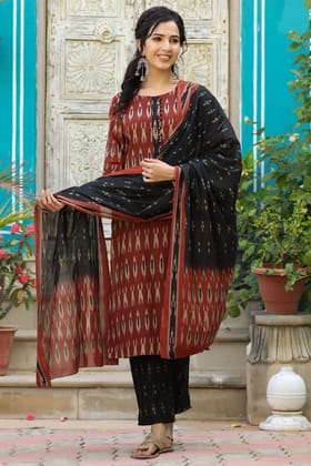 Brown Cotton Blend Straight Kurta Pant With Dupatta VKSKD1304
