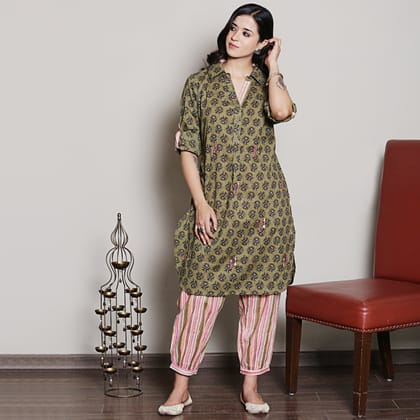Block printed olive green co-ord set with embroidery and collar detailing-XS
