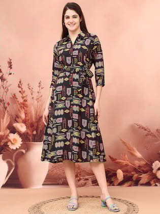 Black Color Abstract Printed Ethnic Dress-S