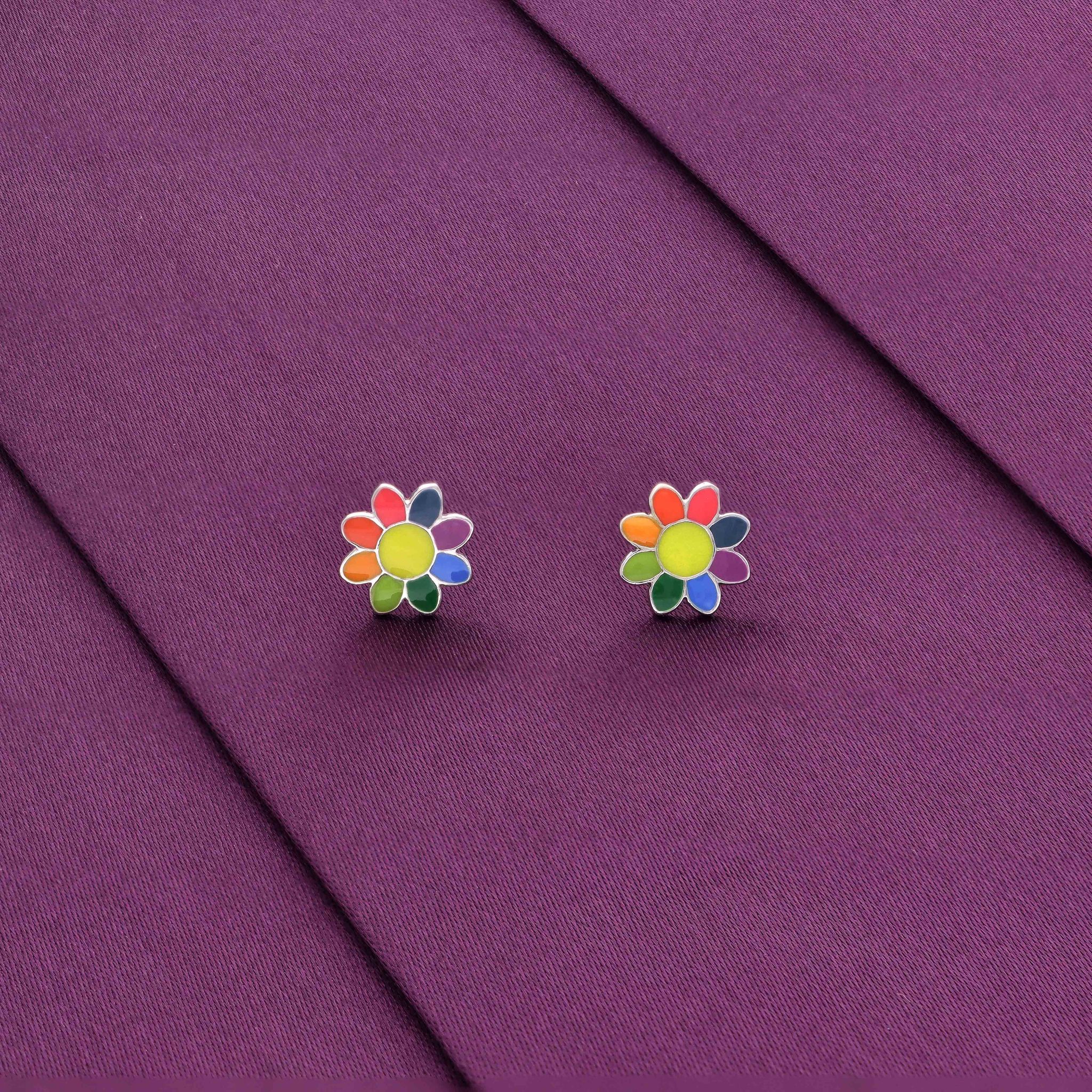 Colorful Flower Silver Children Earrings-None / Silver