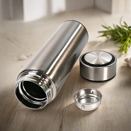 The product title could be something like "Insulated Stainless Steel Water Bottle with Strainer"