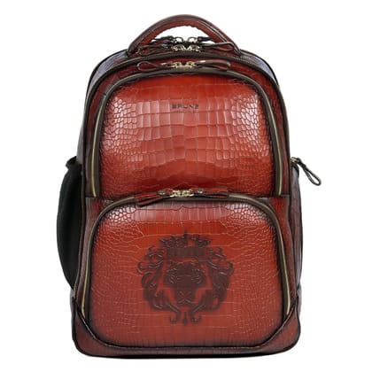 Embossed Lion Tan Leather Backpack Croco Textured Super Functional Multi pockets By Brune & Bareskin-FS