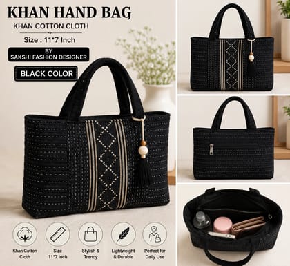 Khan Cotton Cloth Hand Bag | Black Color | 11×7 Inch Stylish Everyday Bag by Sakshi Fashion Designer