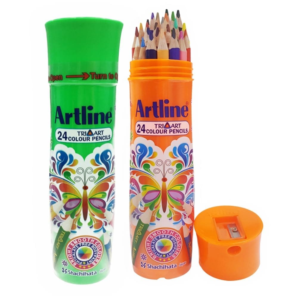 Artline Combo Pack of Triart Colour Pencils Pack Of 24 in Jar (Green, Orange) | Excellent Colour Mixing And Blending | Child Safe