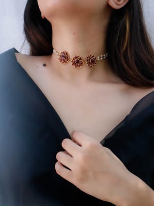 Janiee Floral Red Choker Necklace-Red