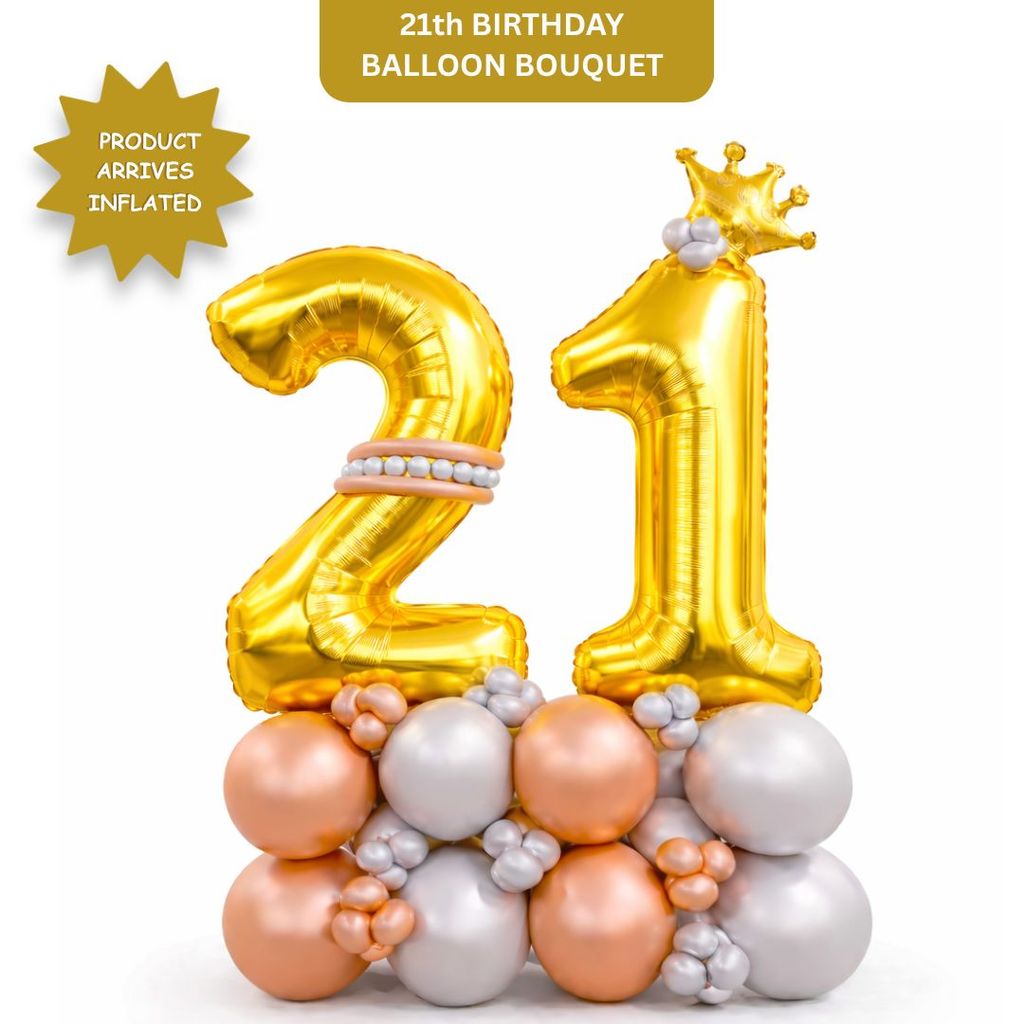 Signature Number 21 Large Golden Balloon Bouquet Arrangement with Small Crown & Silver, Rosegold Latex Balloons - Party and Festive Needs | Buy online on ZillyBuy