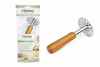 RIZMO Stainless Steel Potato Masher with Wooden Handle, Heavy Duty Manual Kitchen Tool for Vegetables and Pav Bhaji