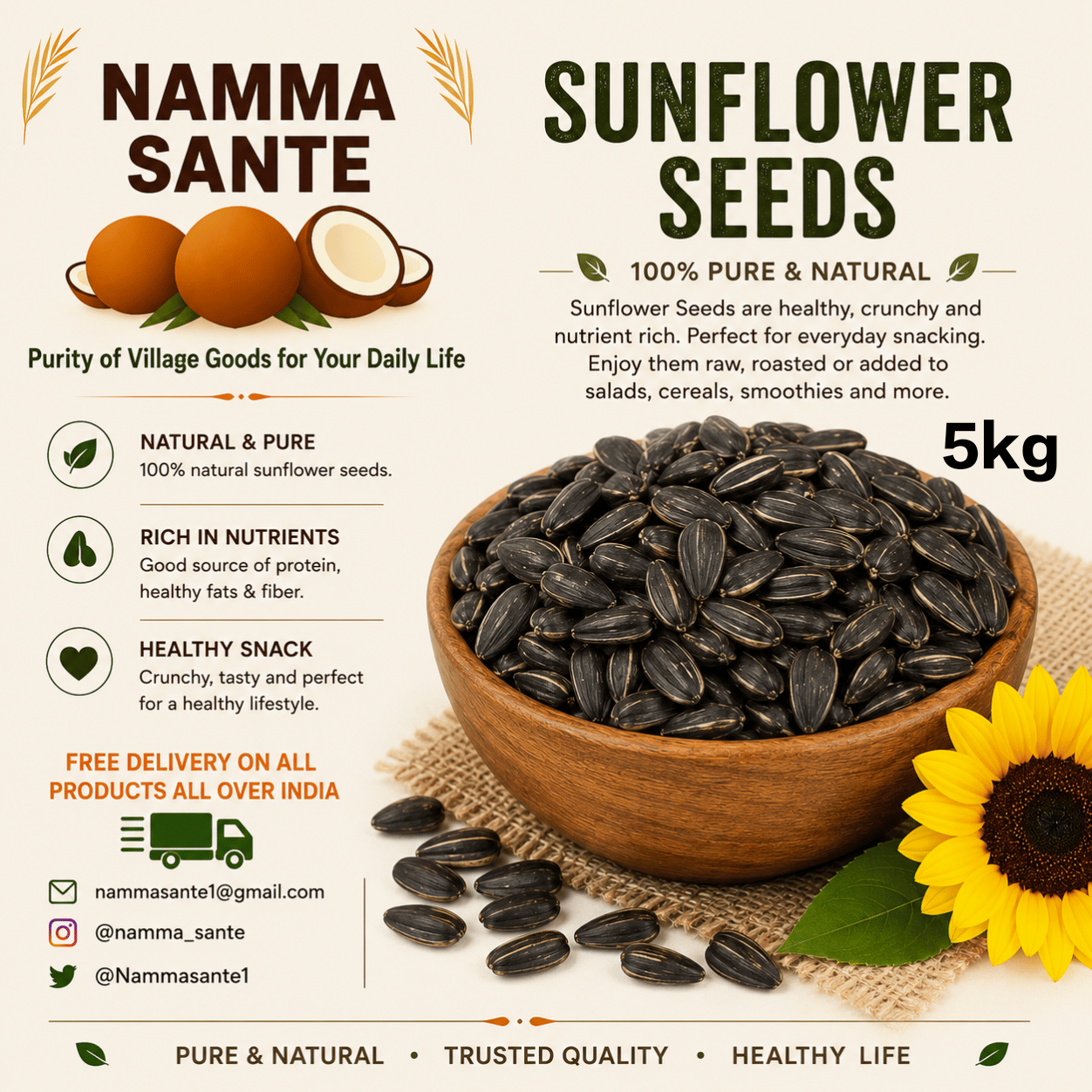 Sunflower Seeds, Suryakanthi Seeds, Black Sunflower Seeds, Premium Sunflower Seeds, Natural Sunflower Seeds 5kg
