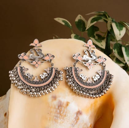 Silver Plated Floral &amp;Peacock Designed Enamel Artwork With Beads Fashion Antique Earring- AER 1624