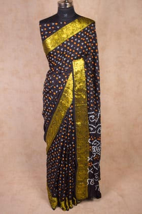Designer Soft Silk Black Bandhani Saree With Zari Border