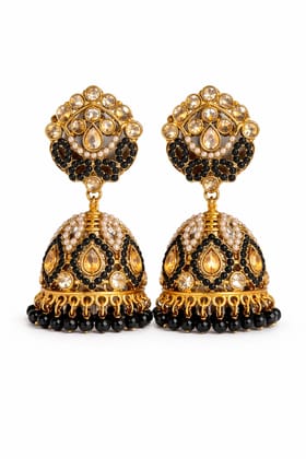 Indian Shringar Black Kundan Jhumka Earrings | Pearl & Beaded Designer Jhumki | Ethnic Statement Jewelry