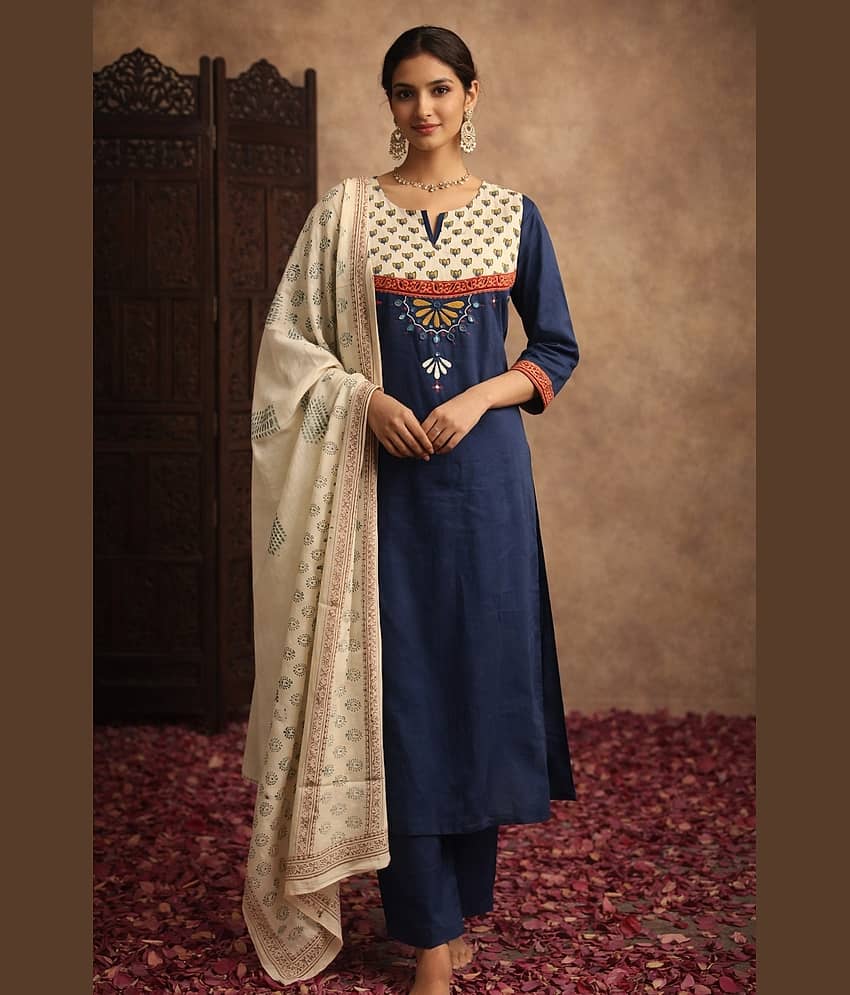 Aarika Women Cotton Printed Straight Kurti With Pants ( Navy Blue )