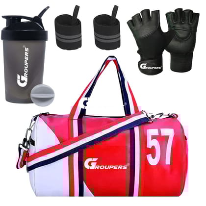 GROUPERS Duffle PU Leather Bag with Shaker Bottle-400ml, Wrist Band & Glovesl