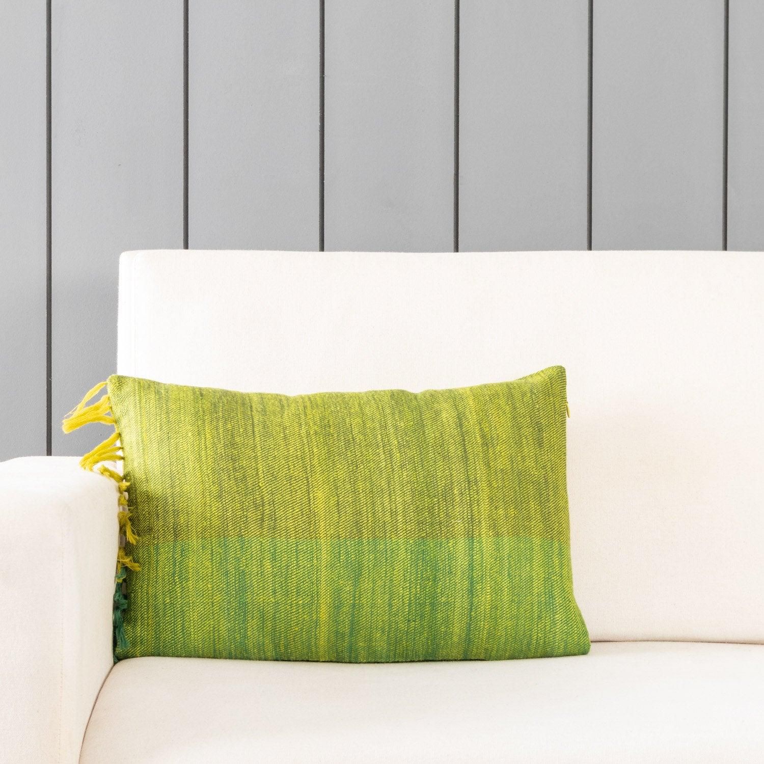 Handwoven Upcycled Lime Green Wool & Oak Silk Cushion Cover - 12x18-Green / Wool & Oak Silk