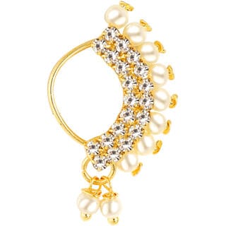Vighnaharta Gold Plated Mayur design with Peals Alloy Maharashtrian Nath Nathiya./ Nose Pin for women VFJ1011NTH-Press
