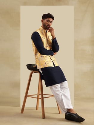 Men's Cotton Navy Kurta and White Pyjama With Jacquard Silk Yellow Nehru Jacket-36