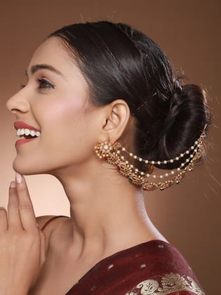 Gold Plated Multi Strand Layered Pearl Beaded Peacock Design Matil Ear Chain Earrings
