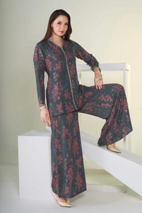 Graceful Charm: Grey Printed Kurta with Flared Palazzo and Gold Embroidery-M