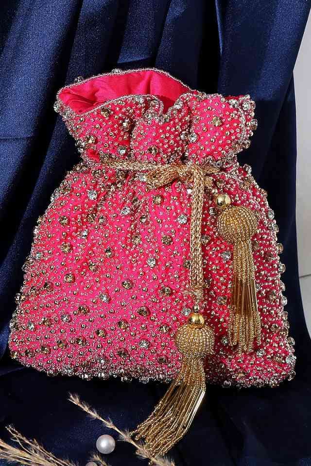 Hot Pink Silk Embroidered Potli