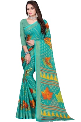 Women's Viscose Rayon Printed Saree with Unstitched Blouse (Teal)
