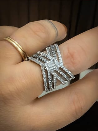 Adjustable cross design AD with baguette center bold ring-Black finish