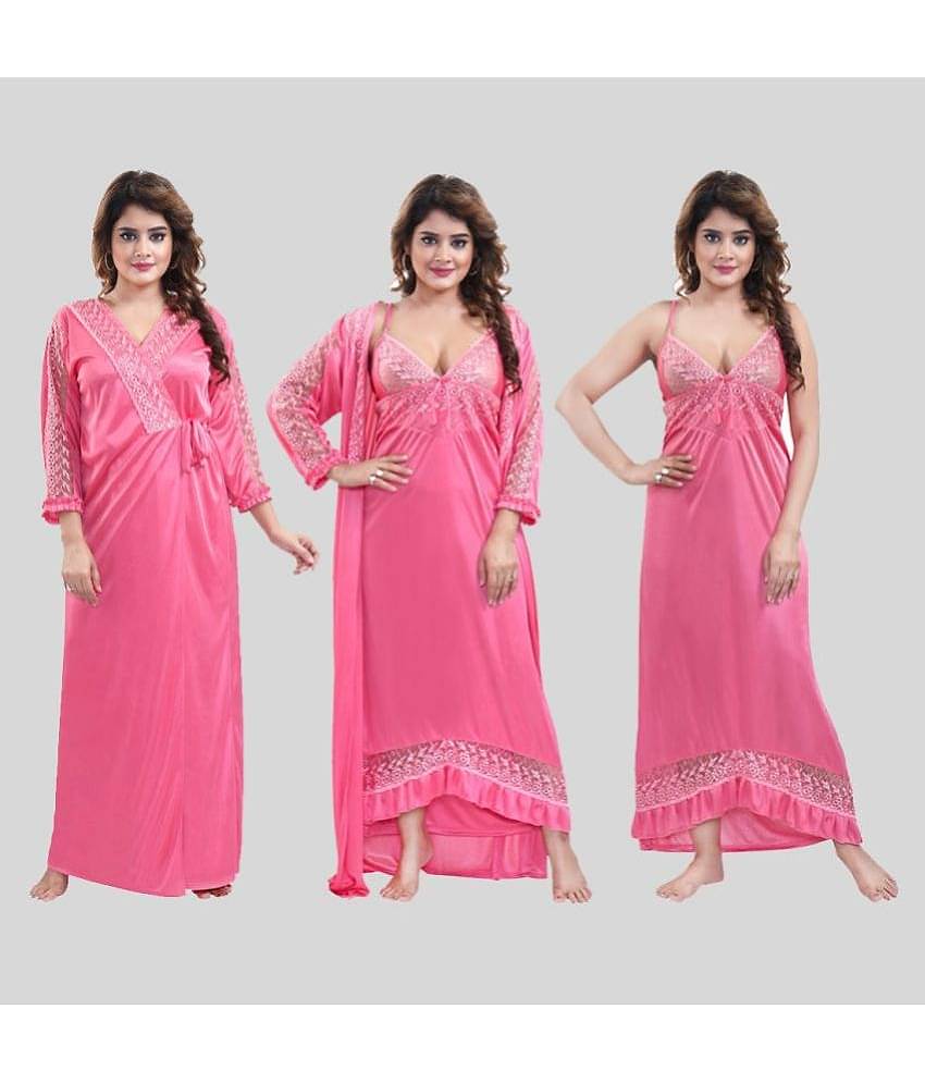 Gutthi - Pink Satin Women's Nightwear Nighty & Night Gowns ( Pack of 2 )