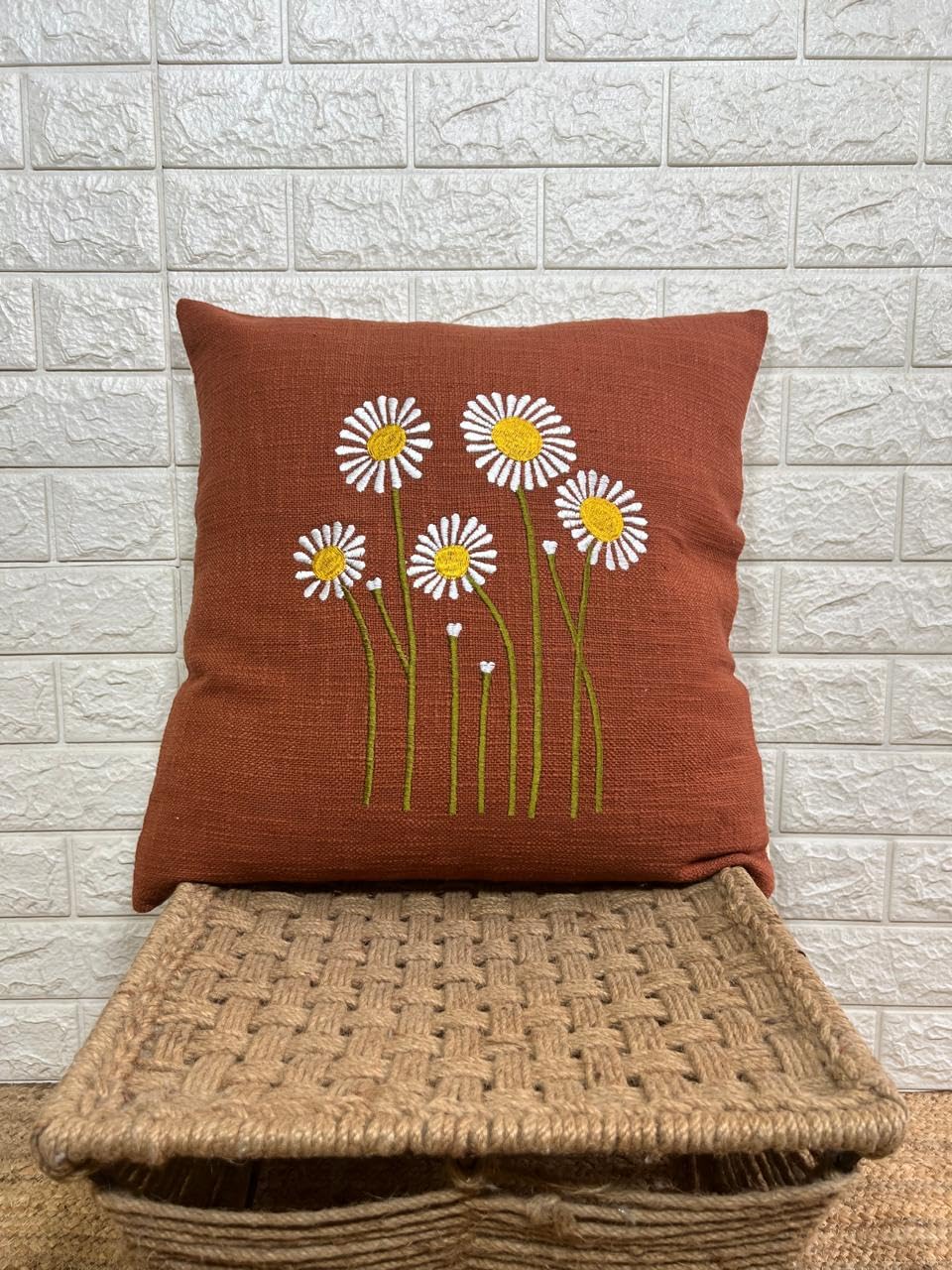 Indihomecraft Brick Red Cushion Cover Hand Woven Flower Emb Inspired Decorative Boho Cushion Cover for Sofa Couch Swing Chair Living Room & Bedroom 18x18 Inches, Pack of 1