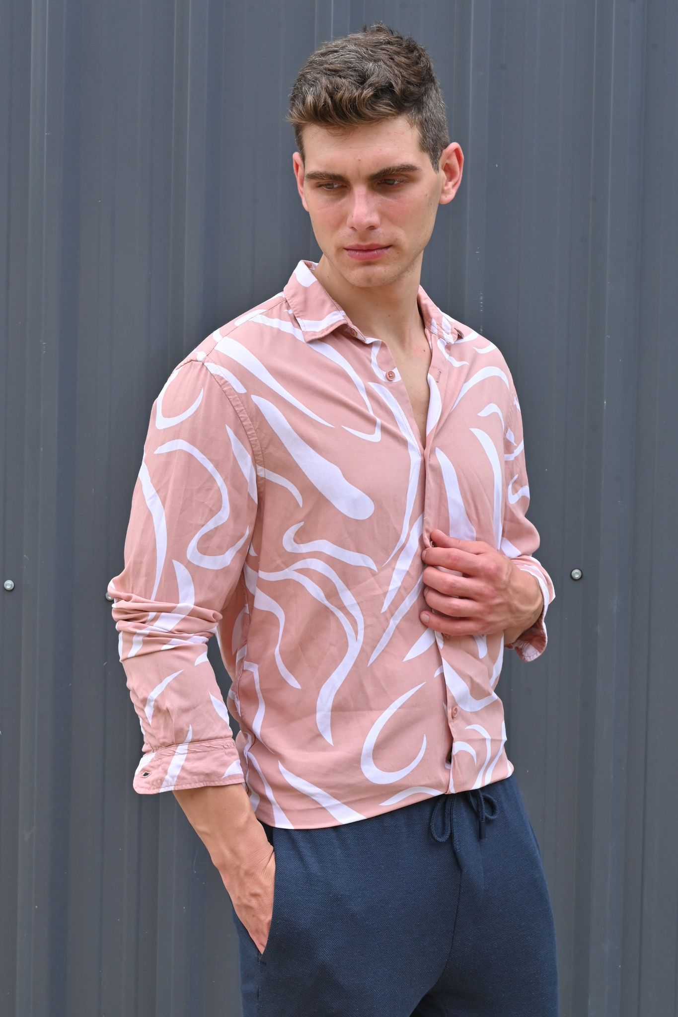 Cadman - Viscose Abstract Print Shirt - Peach-M-40 / PEACH