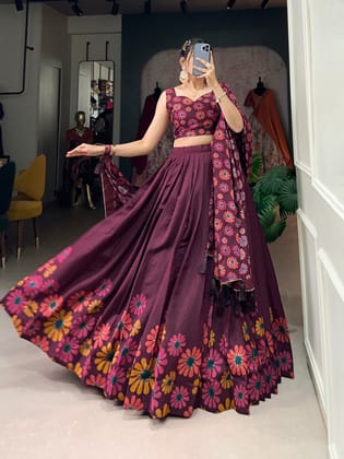 Elegant Plum Tussar Silk Floral Printed Lehenga Set with Foil Detailing & Tassel Dupatta-Free Size