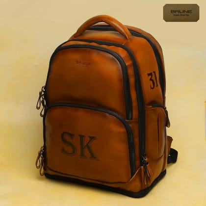 Tan Leather Handmade Backpack with SK Initials by Brune & Bareskin-FS