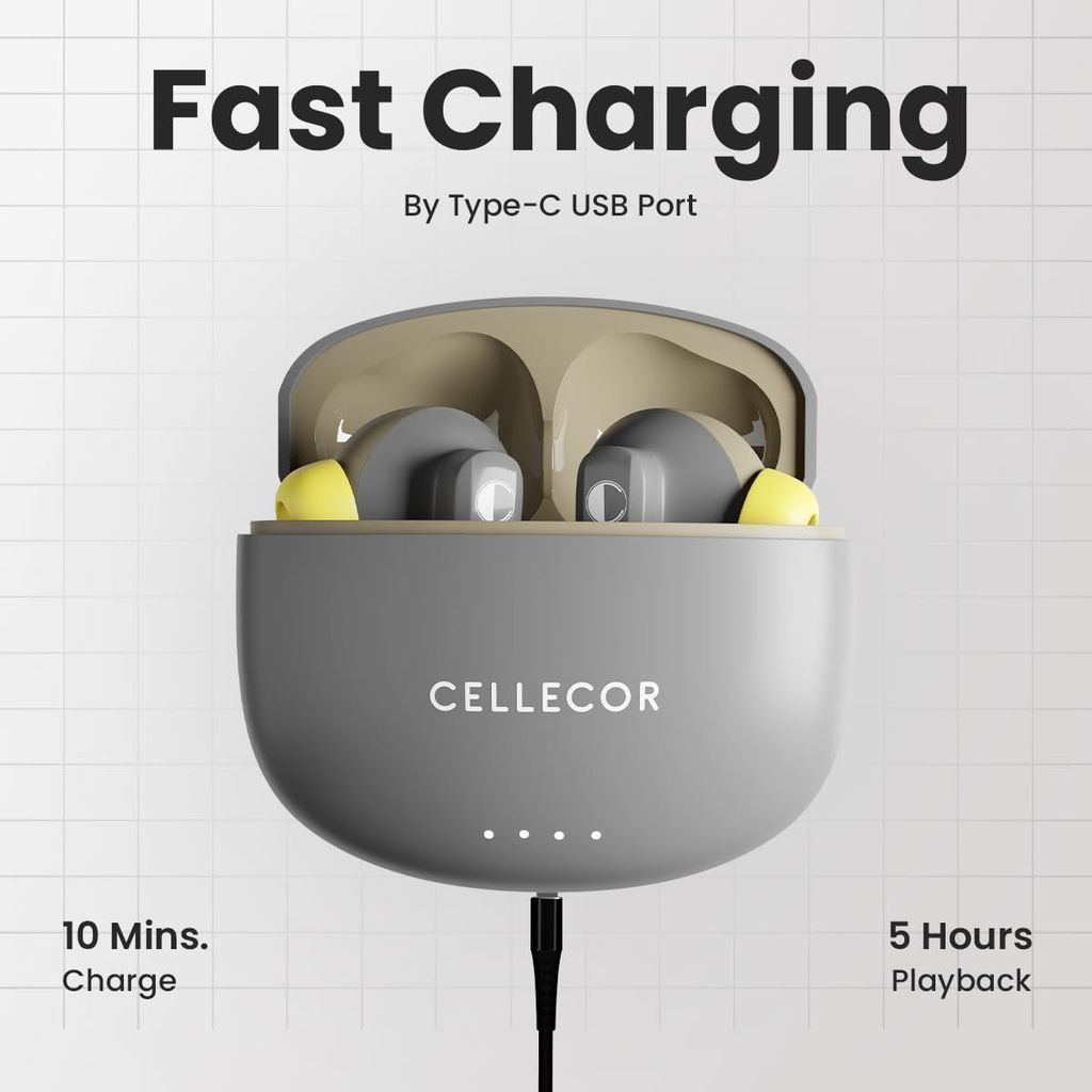 CELLECOR BroPods CB03-ACE TWS with 40 Hours Playtime, Automatic Pairing, HD Sound and 5.1V Bluetooth (Grey-Yellow)