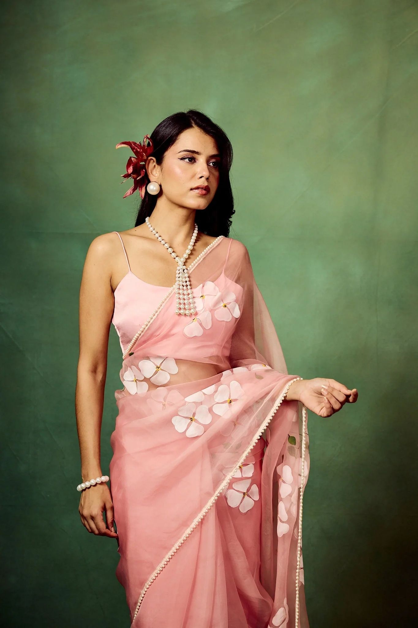 Blush Pink Pure Organza Saree with Hand-Painted White Floral Motifs & Sequin Accents | Satin Blouse-Regular