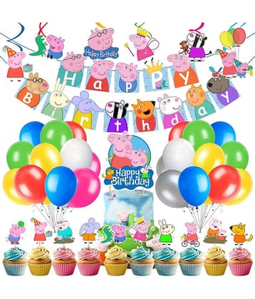 Zyozi Pig Birthday decoration theme Cartoon Pig Birthday Party Supplies Include Happy Birthday Banner, Cake Topper, Balloons, Cupcake Toppers, Hanging Swirls, Pig Party Supplies for Kids (Pack of 43)