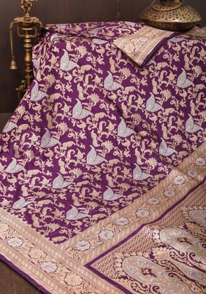 Exquisite Paisley Motif Alfi Jaal Brocade Banarasi Katan Silk Saree in Plum | SILK MARK CERTIFIED