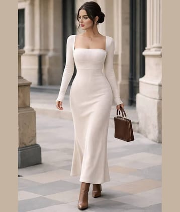 wanquila Women Lycra Fit & Flare Dress ( Cream )