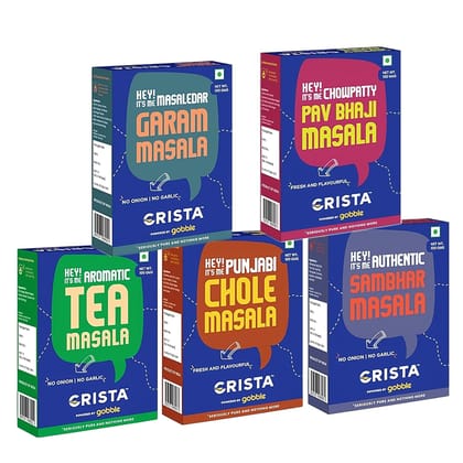 CRISTA Indian Street Food Seasonings Combo Pack (Pav Bhaji Masala 100 gm, Chole Masala 100 gm, Garam Masala 100 gm, Sambhar Masala 100 gm & Tea Masala 100 gm) - Pack of 5