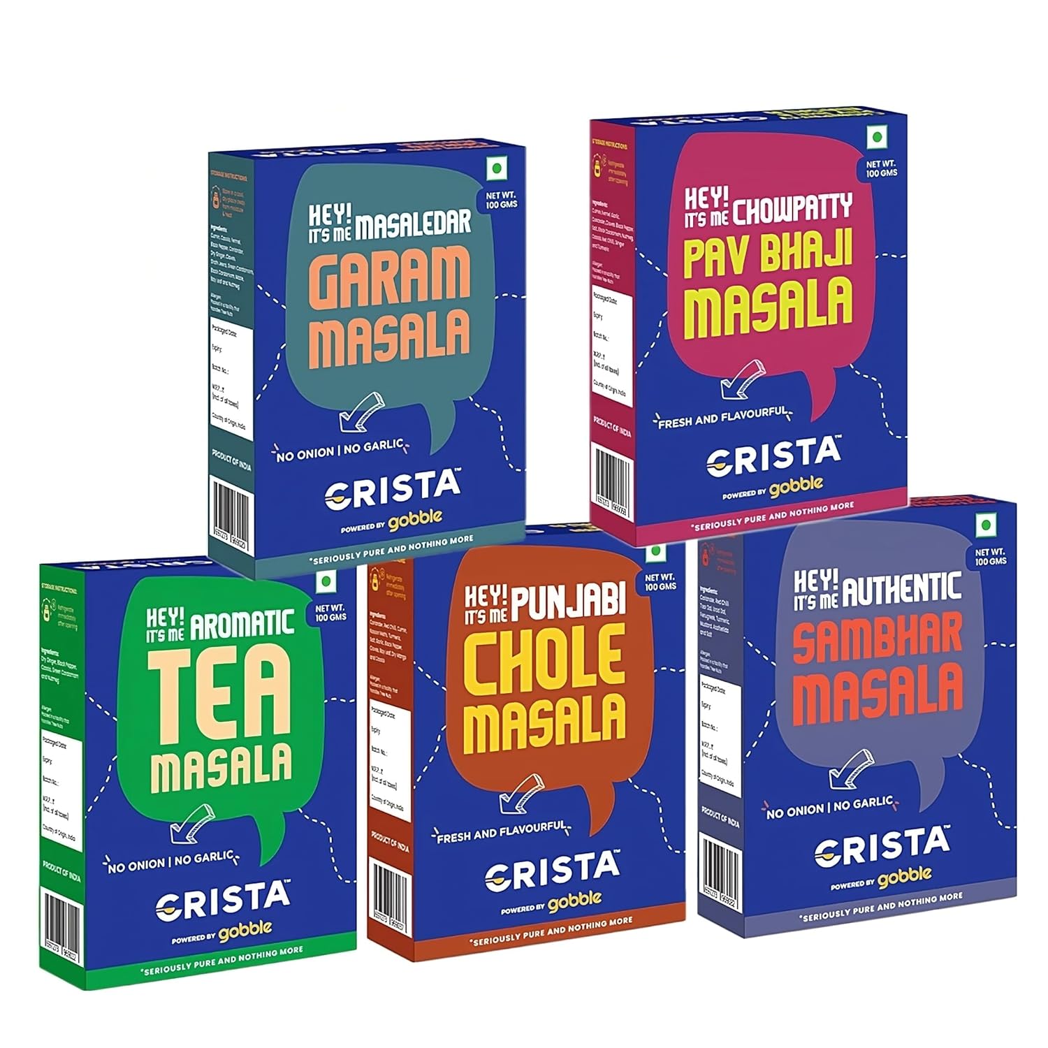 CRISTA Indian Street Food Seasonings Combo Pack (Pav Bhaji Masala 100 gm, Chole Masala 100 gm, Garam Masala 100 gm, Sambhar Masala 100 gm & Tea Masala 100 gm) - Pack of 5