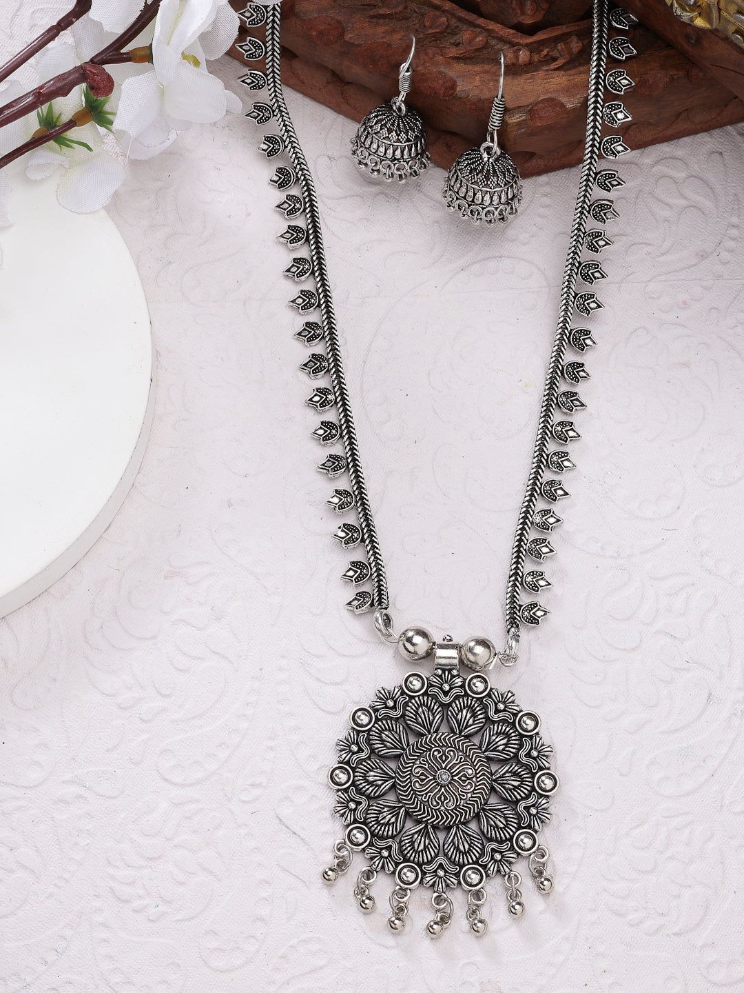 NVR Women Silver-Toned Floral Shape Oxidized Necklace with Jhumka Earrings-Silver / Female / Adults