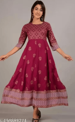 Stylish and beautiful Gold Printed Rayon long Kurta/Gown(Maroon)