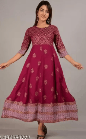 Stylish and beautiful Gold Printed Rayon long Kurta/Gown(Maroon)
