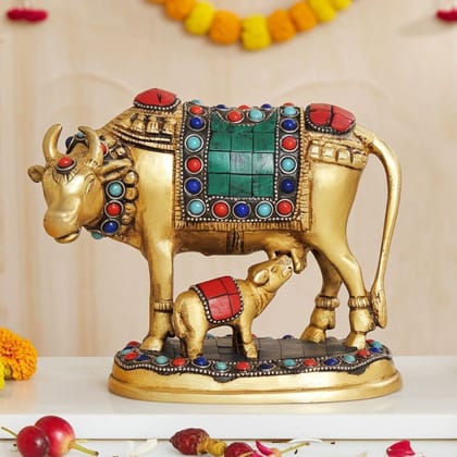 Brass Cow and Calf Stone Work Showpiece - Spiritual Gaye Bachdha Murti for Home & Office, Height : 5.5 Inch (BSMAS210)