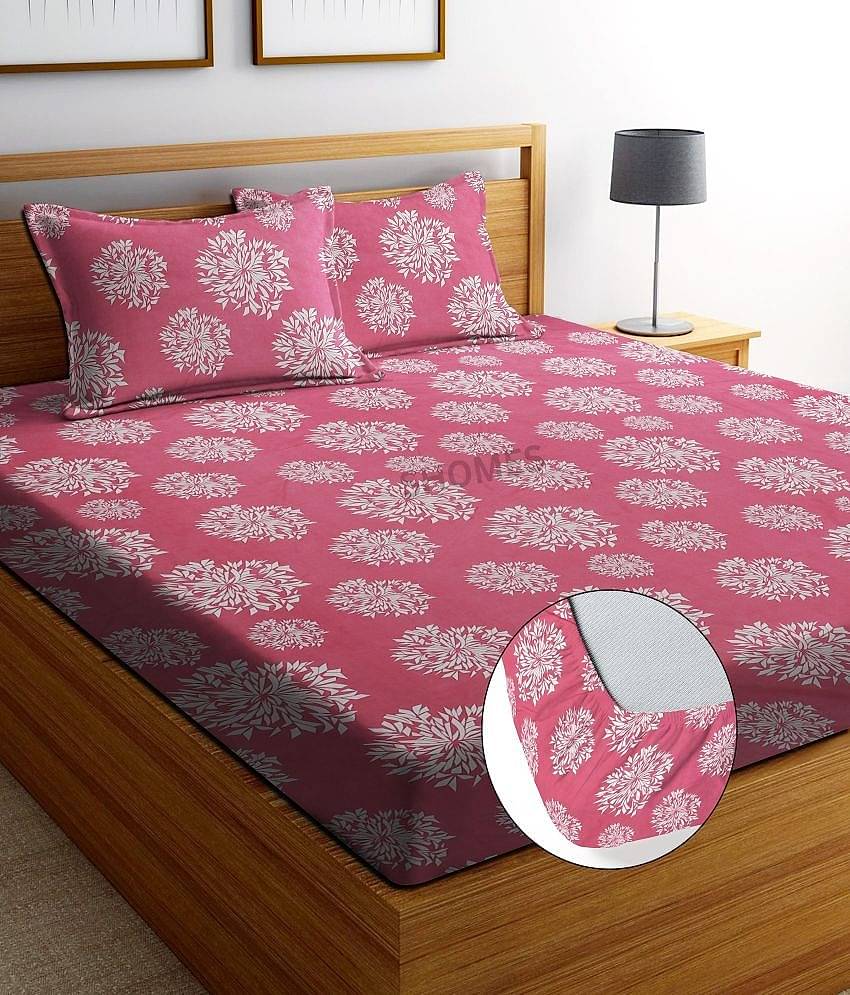 SHOMES Cotton Floral Fitted 1 Bedsheet with 2 Pillow Covers ( Double Bed ) - Pink