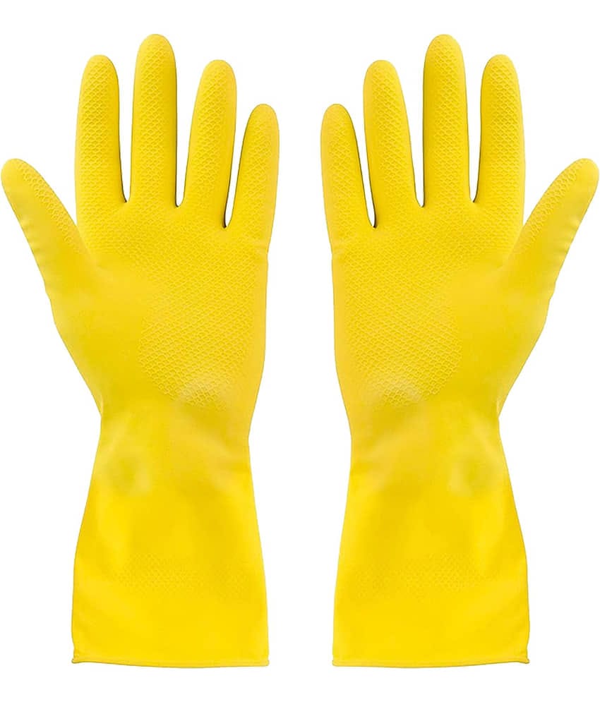 Yellow Cleaning Reusable Rubber Hand Gloves for Washing Cleaning (1 Pairs) Yellow Rubber Free Size Cleaning Glove Set ( Pack of 1 )